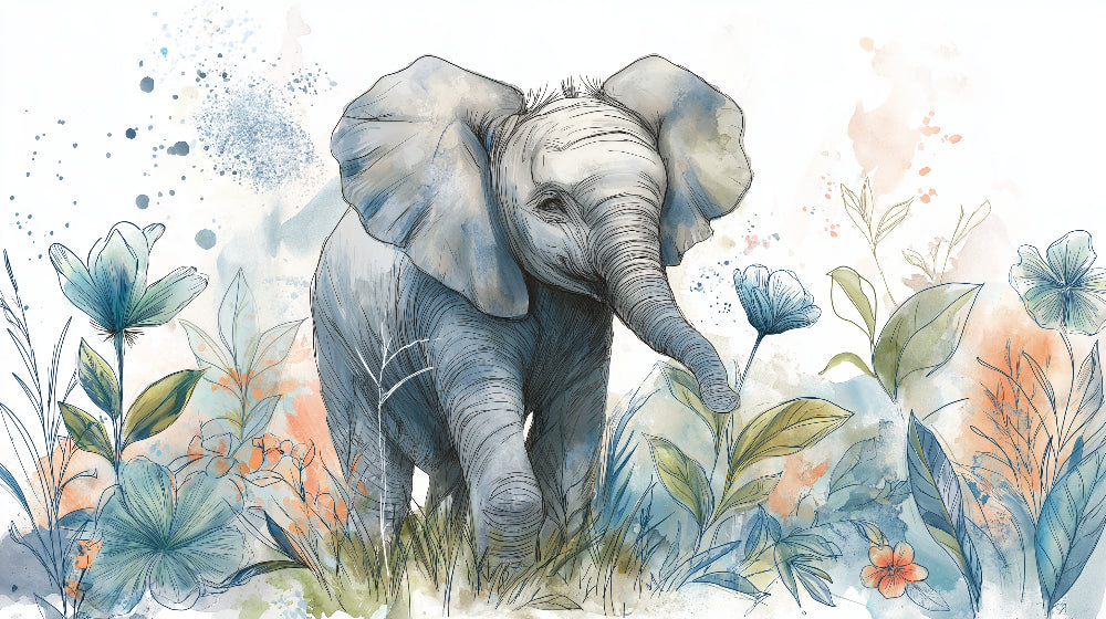 Detailed watercolor elephant jungle mural wallpaper design pattern by Kids-Mundo