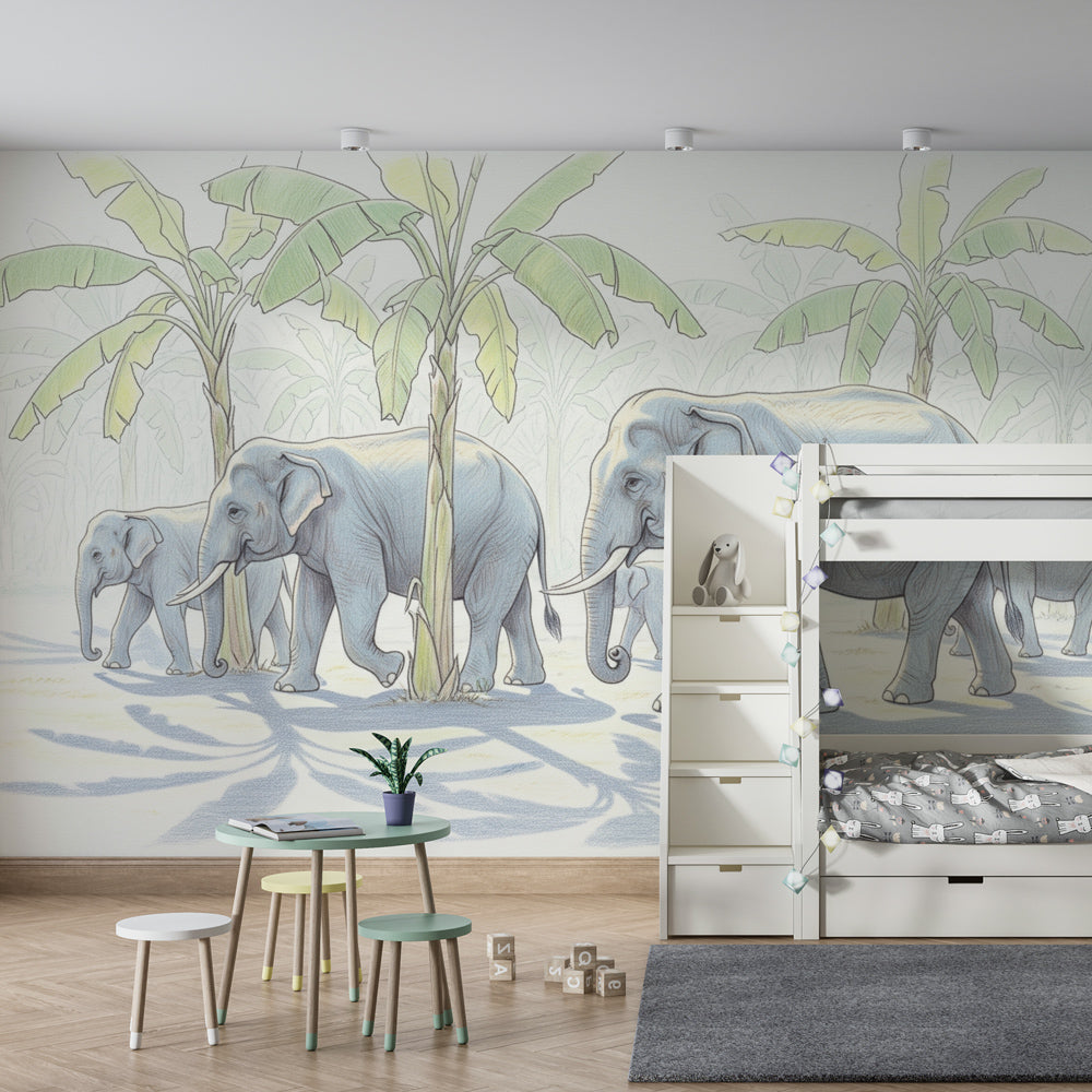 Jungle animal mural wallpaper with natural wood furniture in kids room by Kids-Mundo