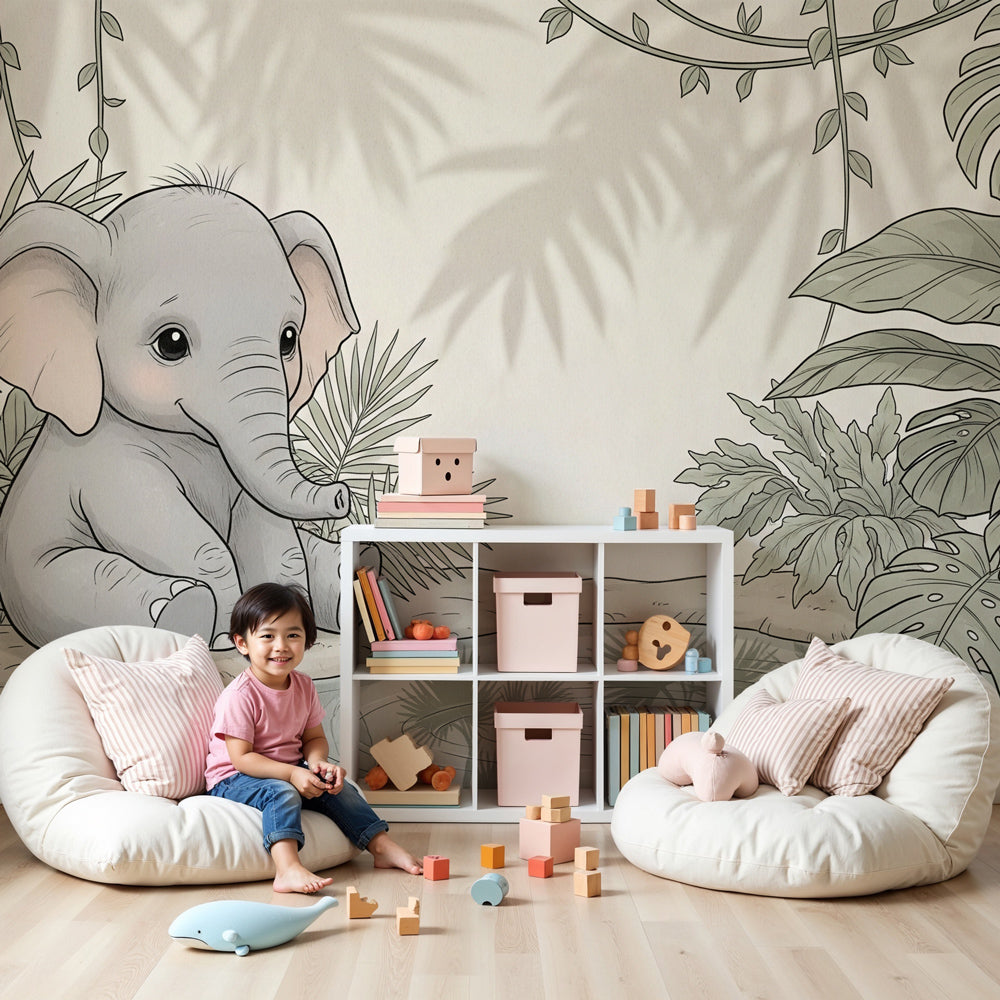 Elephant jungle mural wallpaper in peaceful nursery with natural wood crib by Kids-Mundo