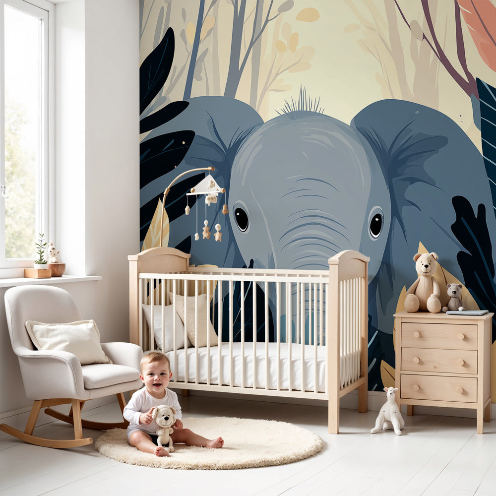 Elephant jungle mural wallpaper in modern nursery with tropical adventure theme by Kids-Mundo