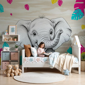 Happy elephant jungle mural wallpaper in bright nursery room with natural wooden furniture by Kids-Mundo