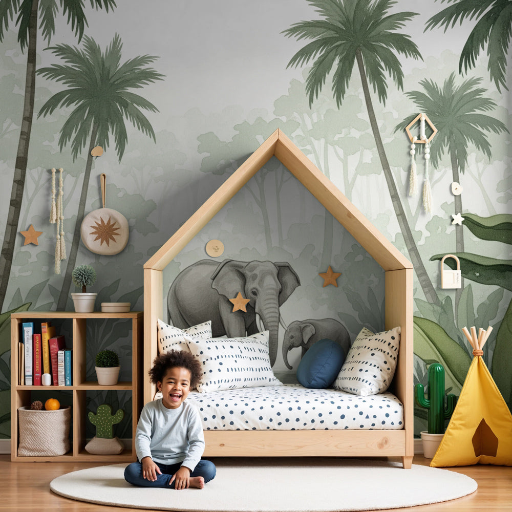 Elephant jungle mural wallpaper creating peaceful safari nursery decor by Kids-Mundo