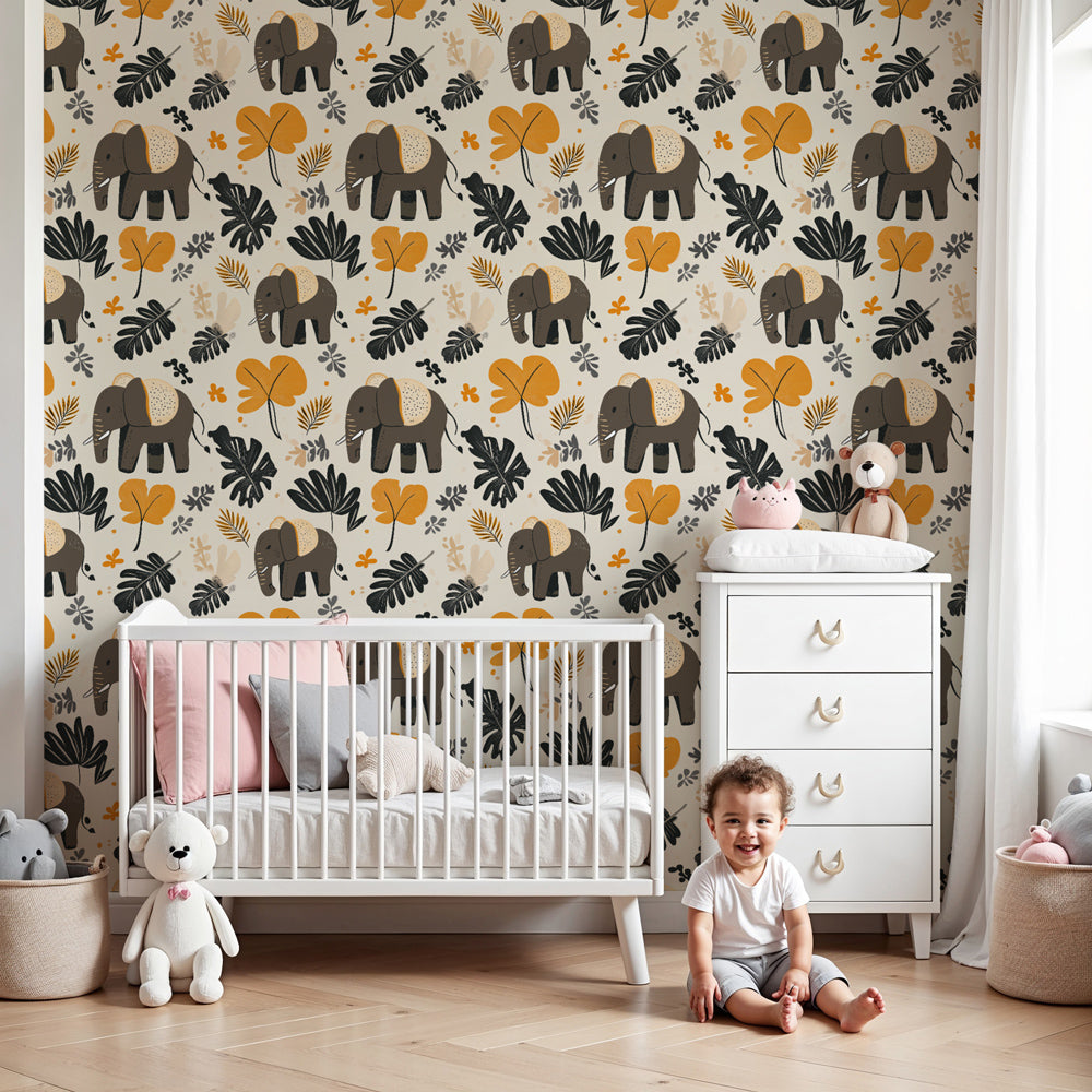 Elephant jungle mural wallpaper creating safari-themed nursery decor with colorful foliage by Kids-Mundo