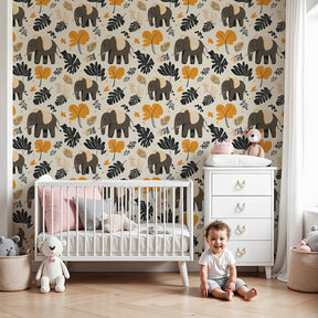 Elephant jungle mural wallpaper creating safari-themed nursery decor with colorful foliage by Kids-Mundo