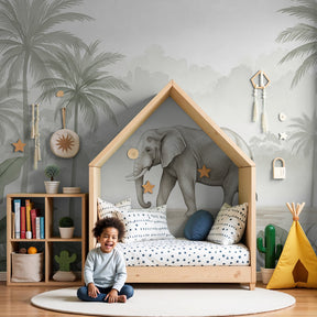Elephant jungle mural wallpaper in modern baby nursery with wooden crib by Kids-Mundo