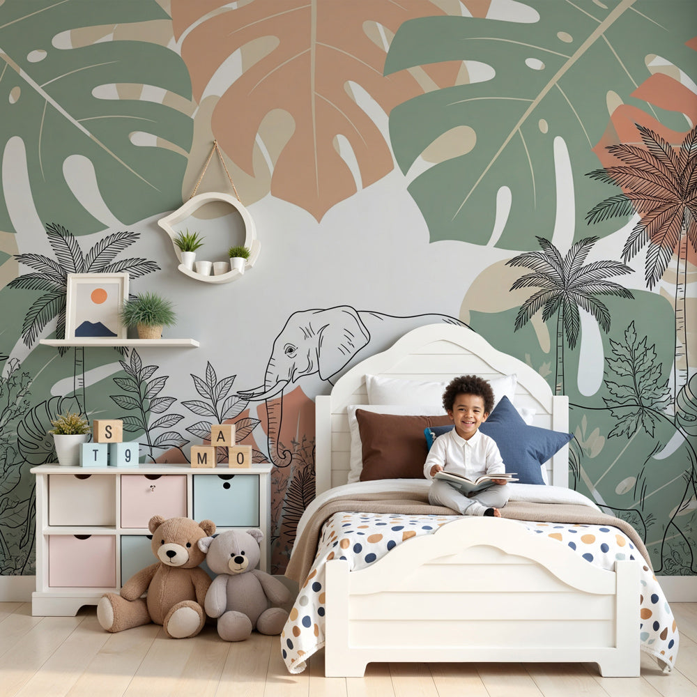 Elephant jungle mural wallpaper in modern nursery with natural wood furniture by Kids-Mundo