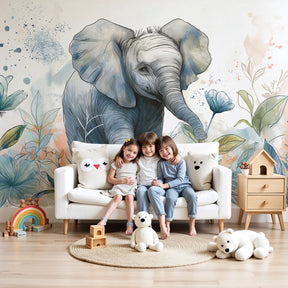 Watercolor elephant jungle mural wallpaper creating peaceful nursery decor by Kids-Mundo
