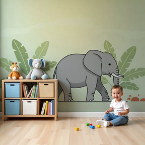 Elephant jungle mural wallpaper in peaceful nursery with wooden crib by Kids-Mundo
