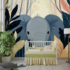 Jungle themed elephant mural wallpaper transforming children's playroom into tropical sanctuary
