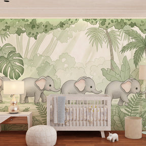 Jungle elephant mural wallpaper transforming kids playroom into safari adventure space