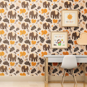 Colorful elephant and foliage mural wallpaper for modern kids playroom by Kids-Mundo
