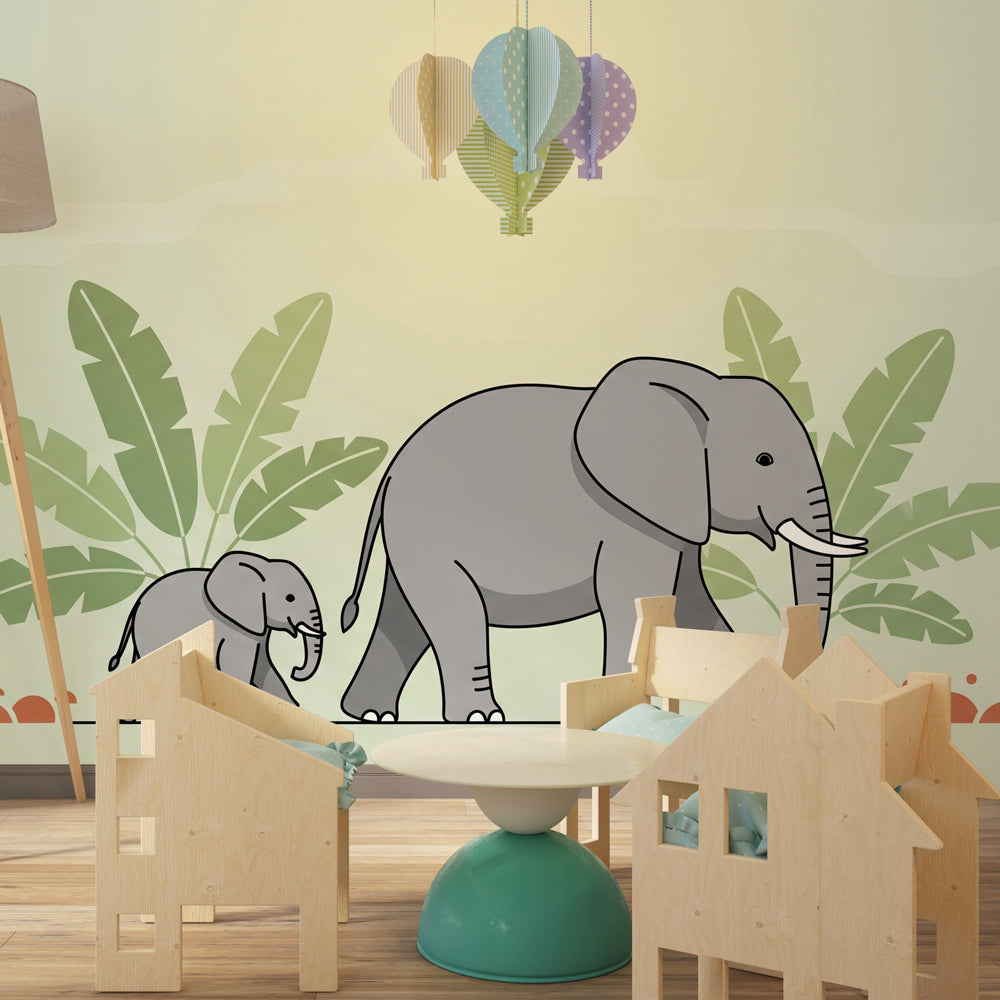 Gentle elephant safari wallpaper creating calming atmosphere in children's bedroom
