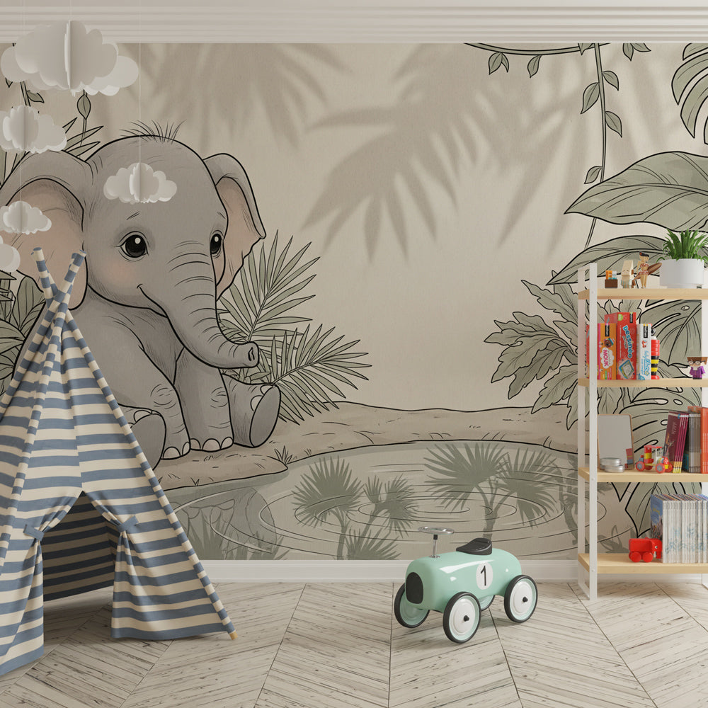 Safari elephant wallpaper creating calming atmosphere in children's bedroom decor