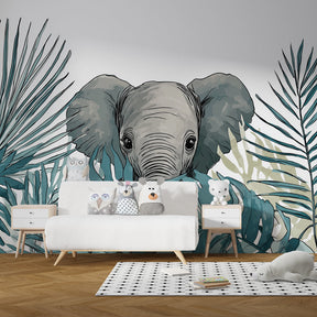Gentle elephant wallpaper creating serene jungle atmosphere in children's bedroom