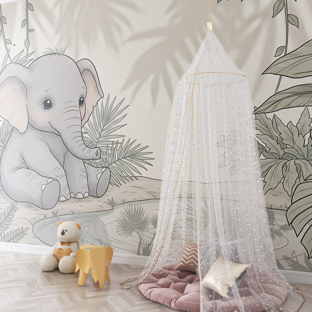 Jungle themed elephant mural wallpaper with soft pastels in toddler room setting