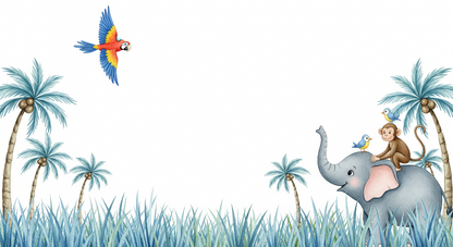 Kids-Mundo flat artwork of an elephant, monkey and macaw among palm trees and grass.