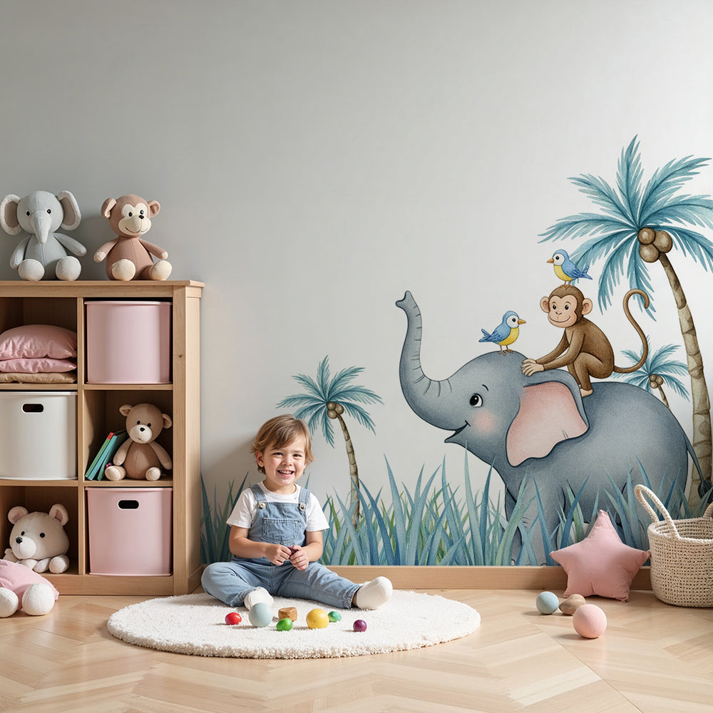 Kids-Mundo elephant and monkey jungle wall mural styled in a calming nursery room.