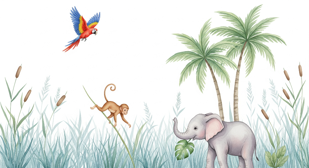 Elephant Monkey and Macaw Jungle Animals Wall Mural