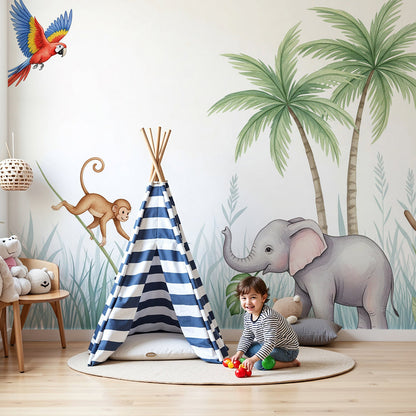 Kids-Mundo elephant monkey and macaw jungle wall mural on a nursery wall behind a cot
