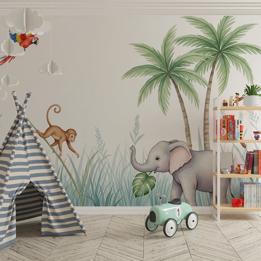 Kids-Mundo elephant and monkey jungle mural styled on a playful playroom wall