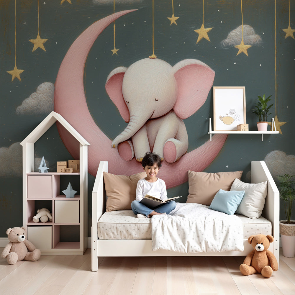 Elephant moon mural wallpaper creating dreamy celestial nursery decor by Kids-Mundo