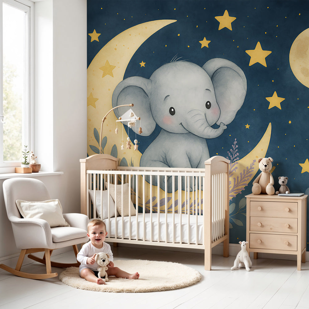 Elephant moon mural wallpaper in soft blue nursery with wooden crib by Kids-Mundo