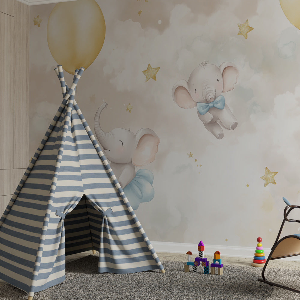 Elephant and clouds wallpaper transforming baby bedroom into peaceful sanctuary by Kids-Mundo