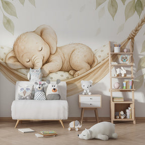 Soothing elephant mural wallpaper with botanical elements for calm baby room by Kids-Mundo