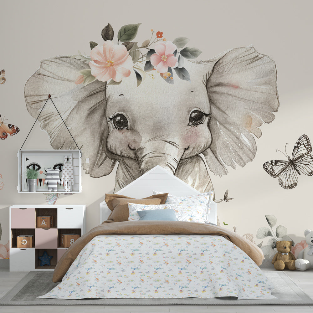 Floral elephant mural wallpaper transforming baby nursery with soft pastel tones