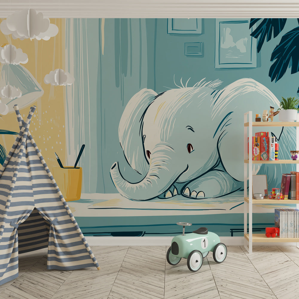 Gentle elephant learning scene mural wallpaper with soft blues and yellows for baby room