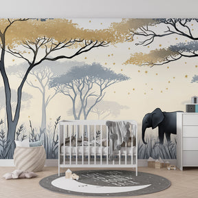Starry elephant wallpaper in modern kids bedroom with natural wood furniture and soft lighting