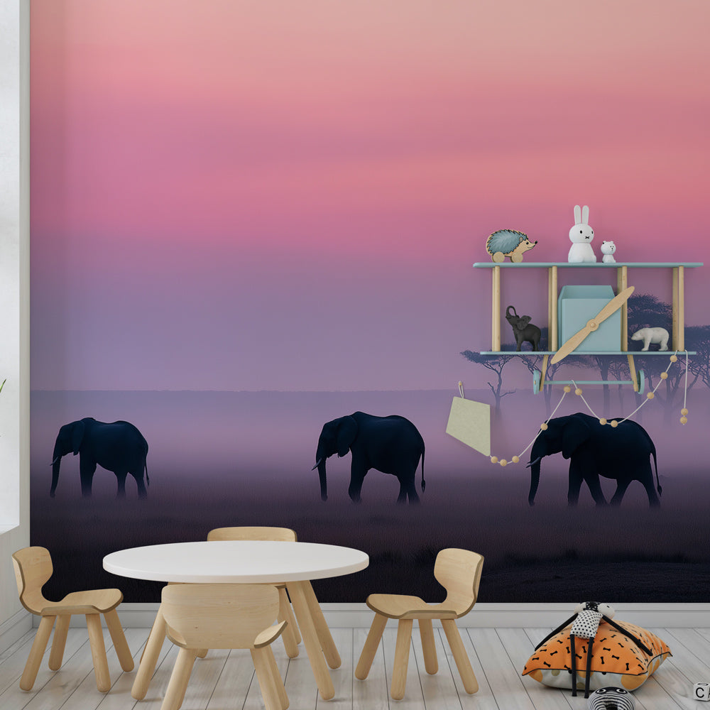 Safari elephant wallpaper creating peaceful children's bedroom with pink purple tones