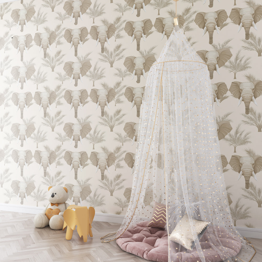 Majestic elephant wallpaper with palm trees decorating peaceful children's bedroom space