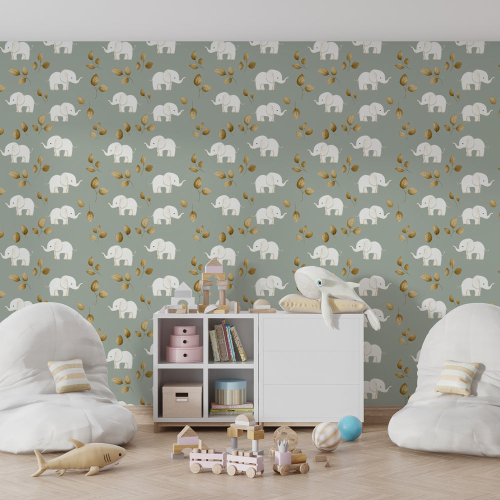 Safari elephant wallpaper creating peaceful children's bedroom atmosphere with natural tones