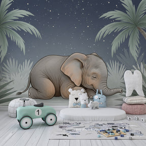 Safari elephant wallpaper in modern kids bedroom with soft gray and pastel tones by Kids-Mundo