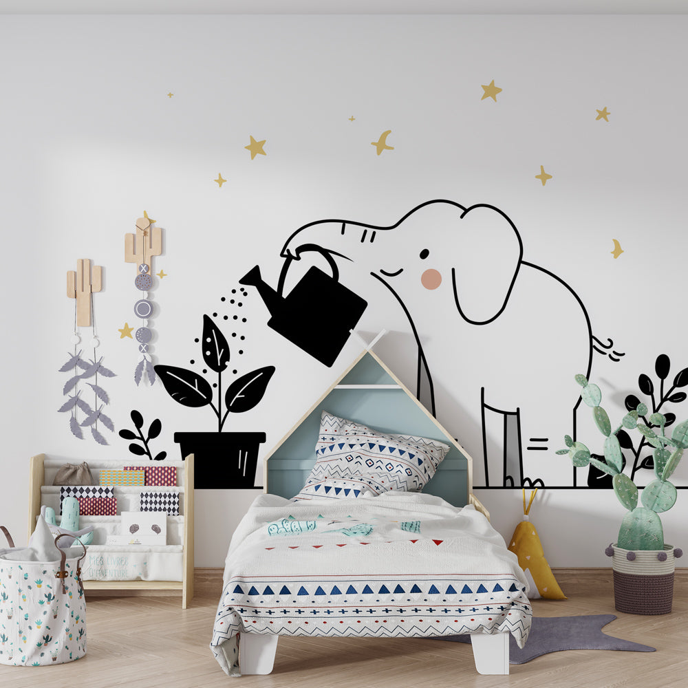 Children's bedroom showcasing elephant garden mural wallpaper with cozy reading corner