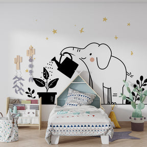 Children's bedroom showcasing elephant garden mural wallpaper with cozy reading corner