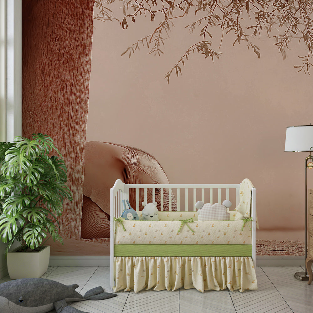 Elephant under tree wallpaper in modern kids bedroom with natural beige tones