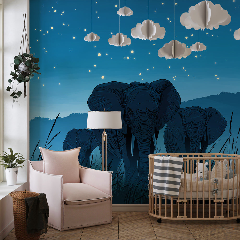 Blue elephant starry night mural wallpaper transforming kids room into safari adventure