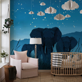 Blue elephant starry night mural wallpaper transforming kids room into safari adventure