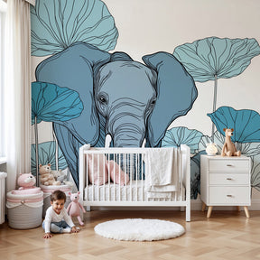 Elephant water lily mural wallpaper creating serene blue nursery atmosphere by Kids-Mundo