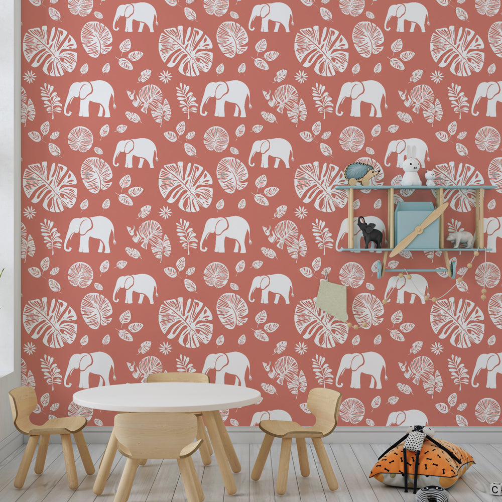 Botanical elephant mural wallpaper for kids room featuring tropical leaves and wildlife motifs by Kids-Mundo