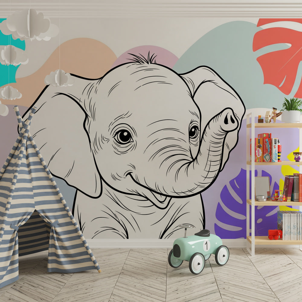 Cheerful elephant mural wallpaper with vibrant tropical foliage for kids room by Kids-Mundo