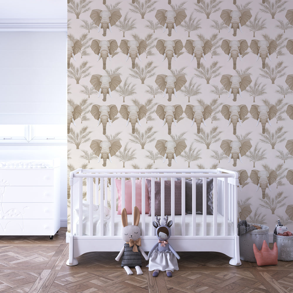 Safari elephant mural wallpaper on cream background enhancing natural kids room decor