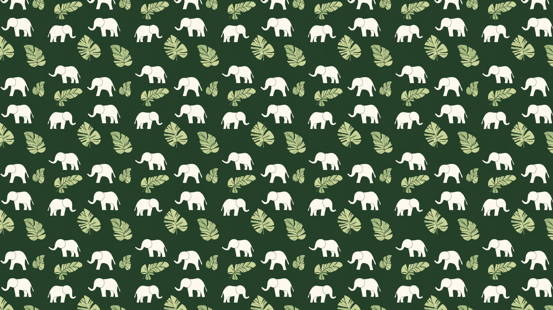 Detailed green elephant mural wallpaper design pattern with baby elephants and leaves by Kids-Mundo