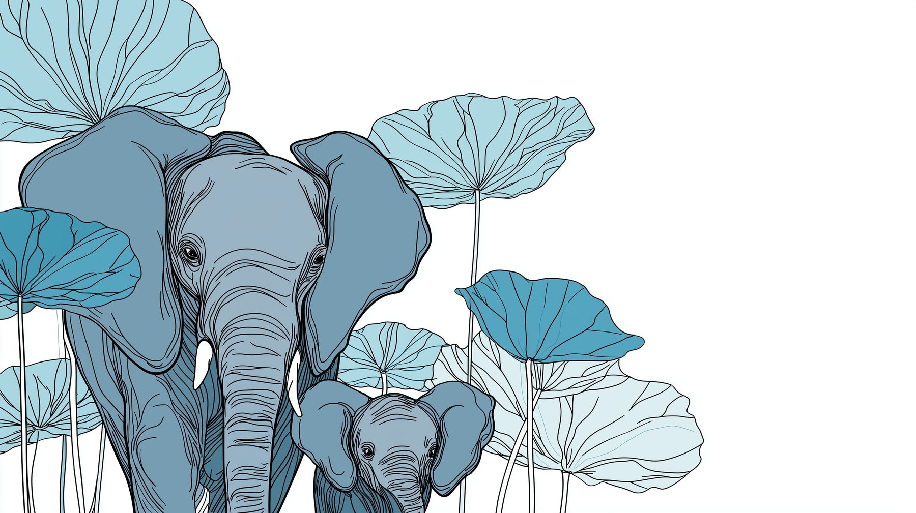 Detailed elephant and water lily mural wallpaper design pattern in soothing blue by Kids-Mundo
