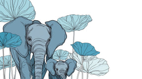 Detailed elephant and water lily mural wallpaper design pattern in soothing blue by Kids-Mundo