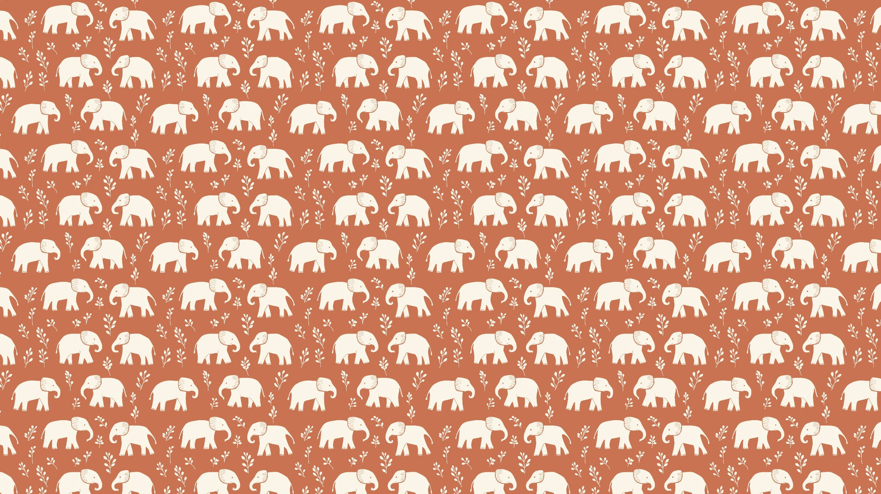 Detailed elephant mural wallpaper design pattern showing playful elephants on terracotta background by Kids-Mundo