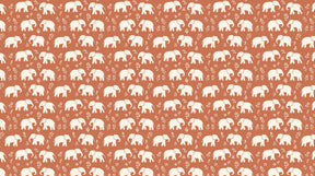 Detailed elephant mural wallpaper design pattern showing playful elephants on terracotta background by Kids-Mundo