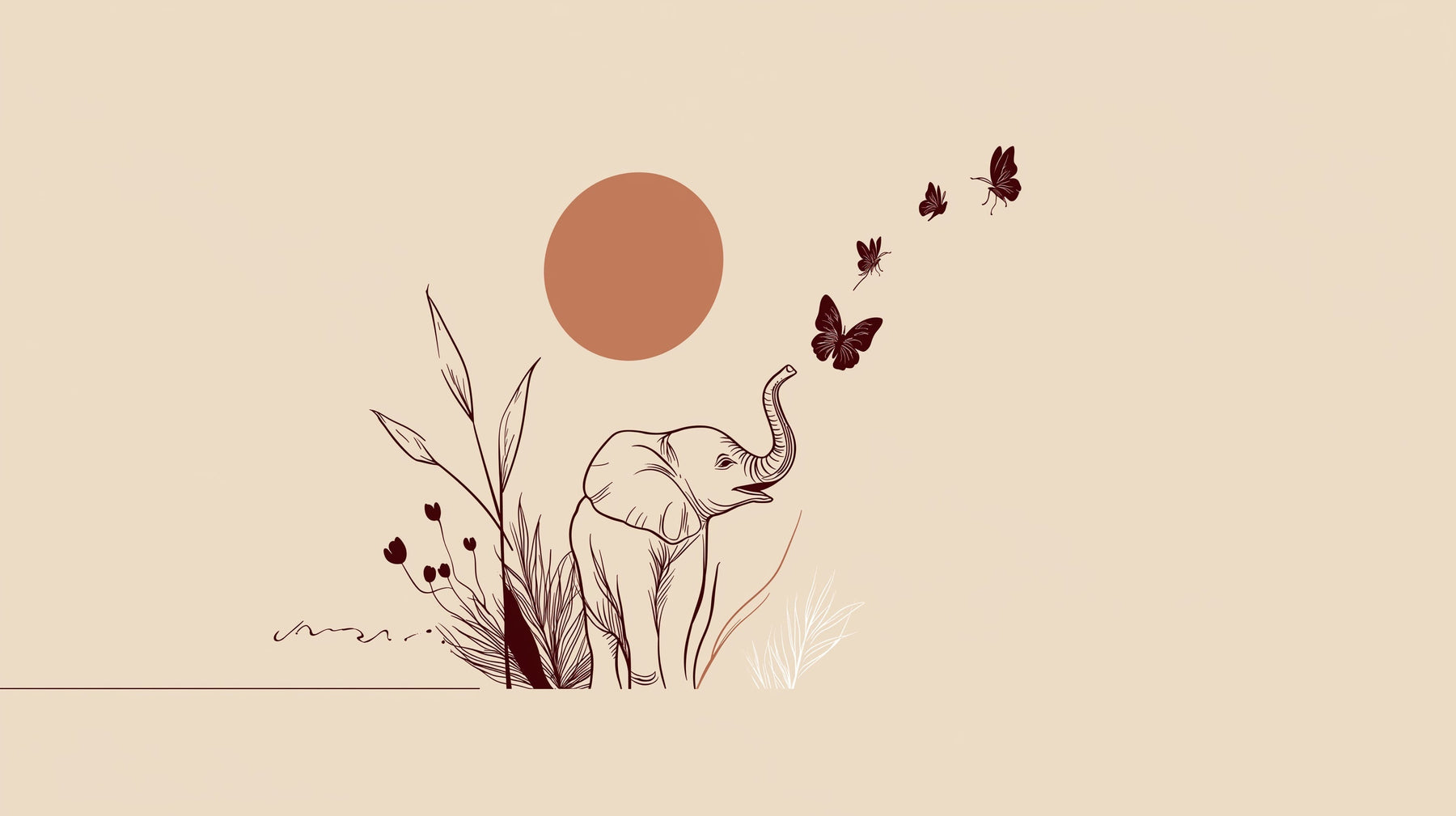 Detailed elephant and butterfly mural wallpaper design pattern with botanical elements by Kids-Mundo